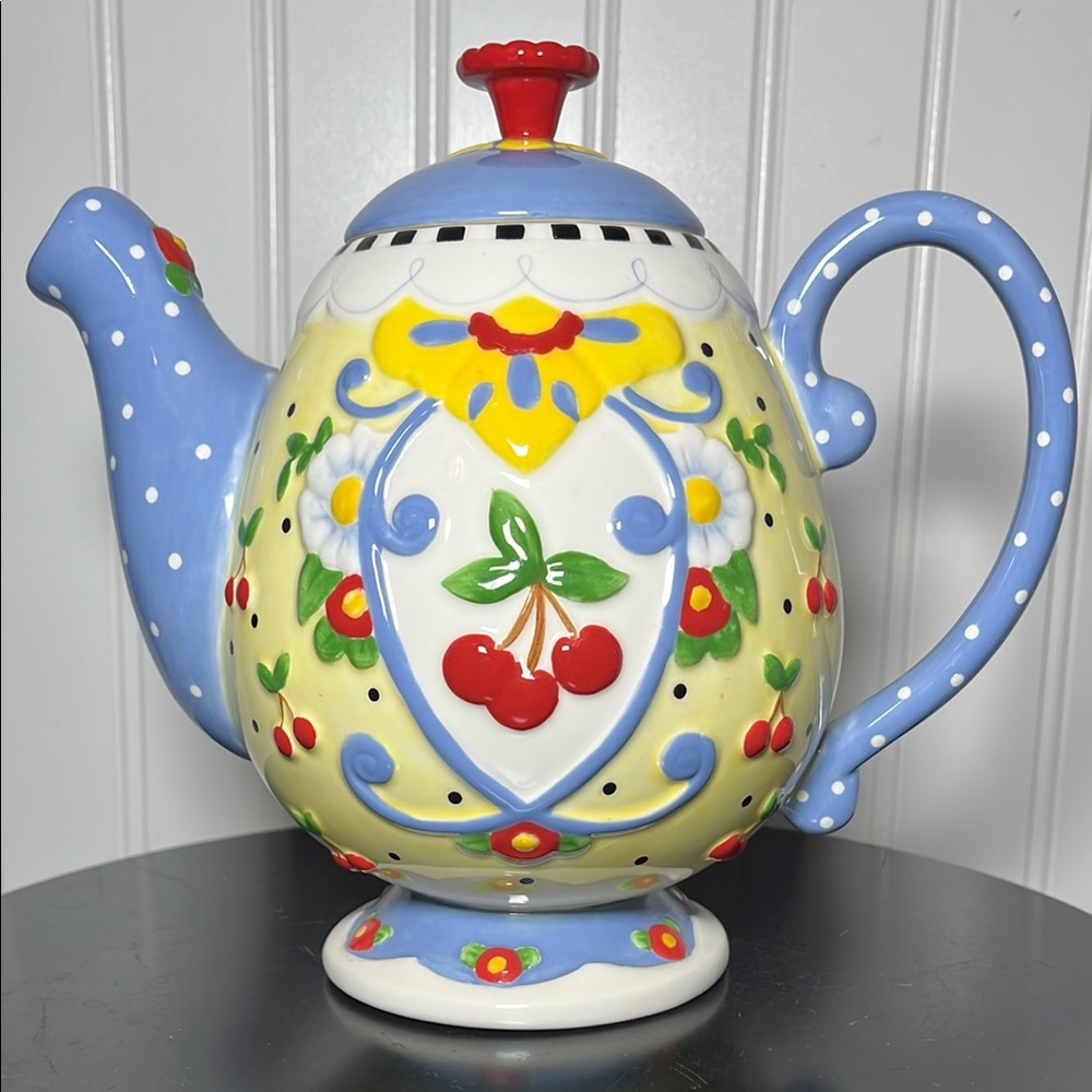 Rare 2002 Mary Engelbreit Cherries, Polka Dots and Flowers Ceramic Teapot